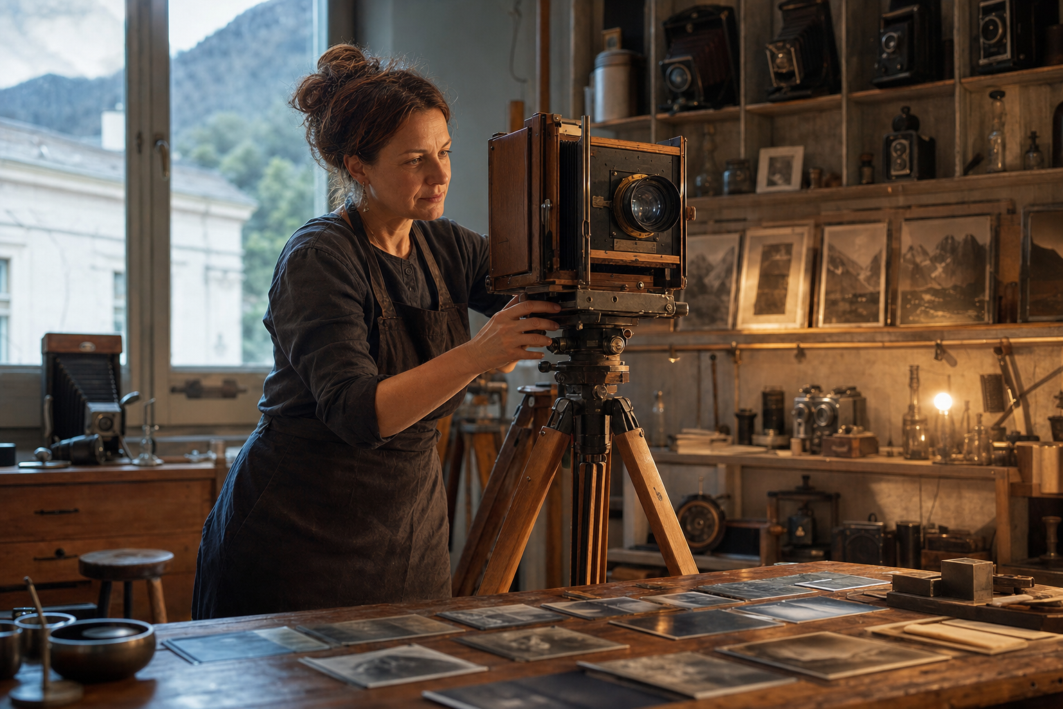 Arianna Bruni al lavoro nell'atelier fotografico di Merano tra vecchie fotocamere e lastre