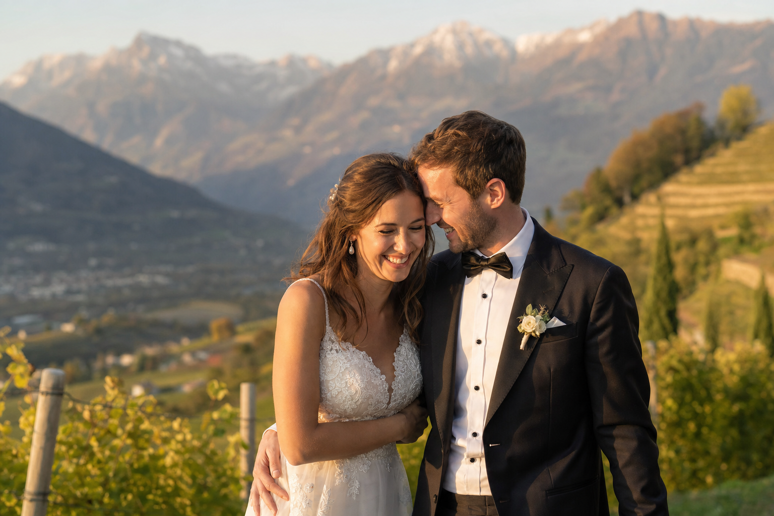 Coppia di sposi ritratta con luce naturale durante un servizio fotografico matrimoniale